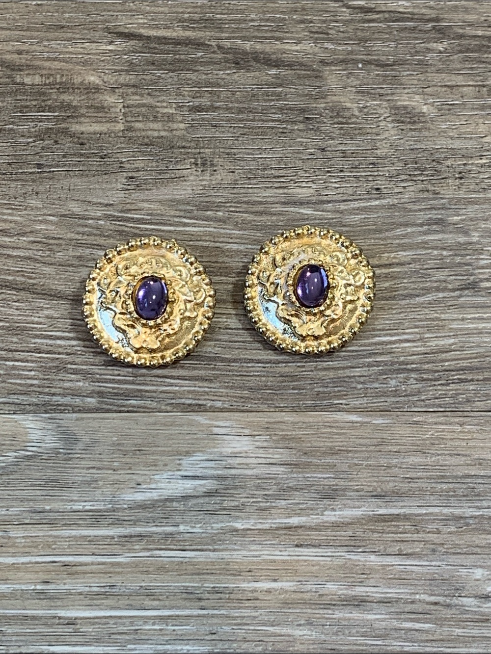 Gold Tone Round Earrings with Purple Cabochon Accent